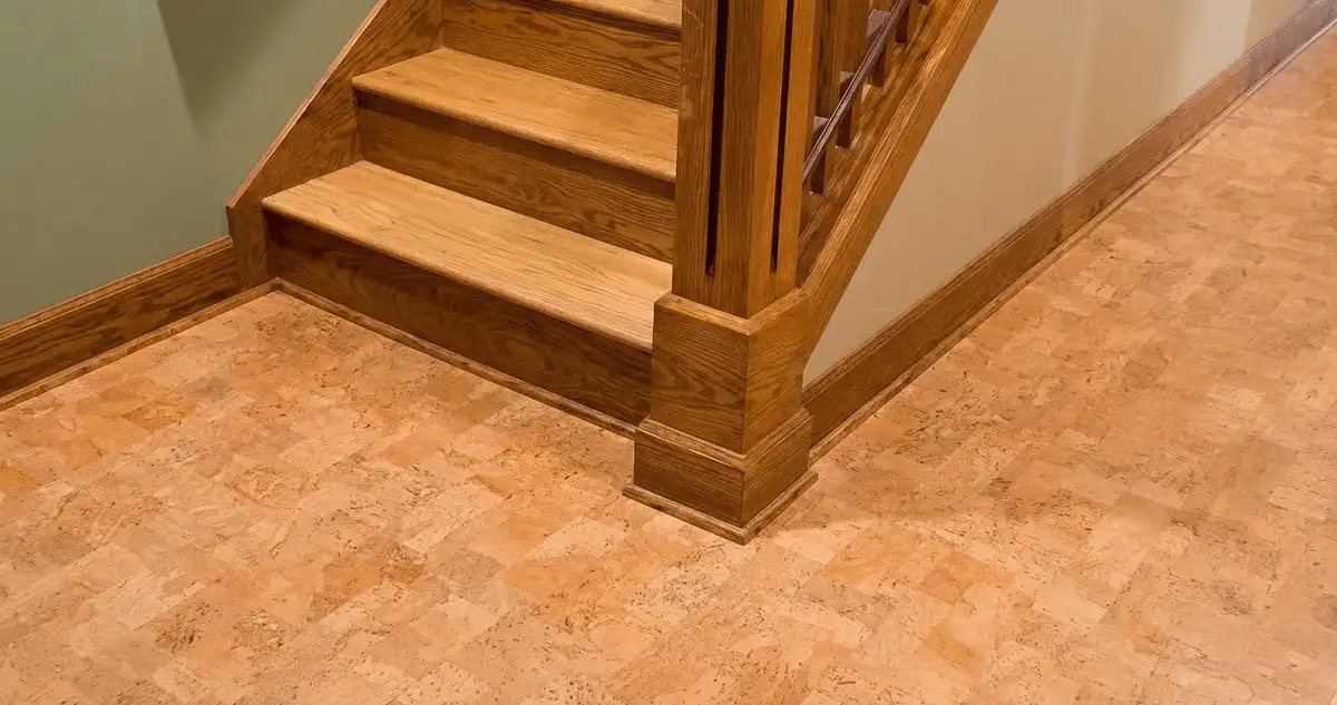 End of a staircase with cork flooring in Tampa, FL