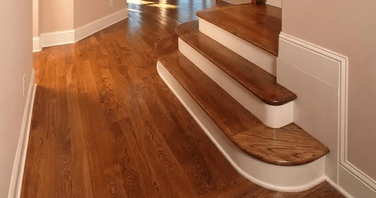 Base floor of a staircase with professionally restored wood flooring in Tampa FL