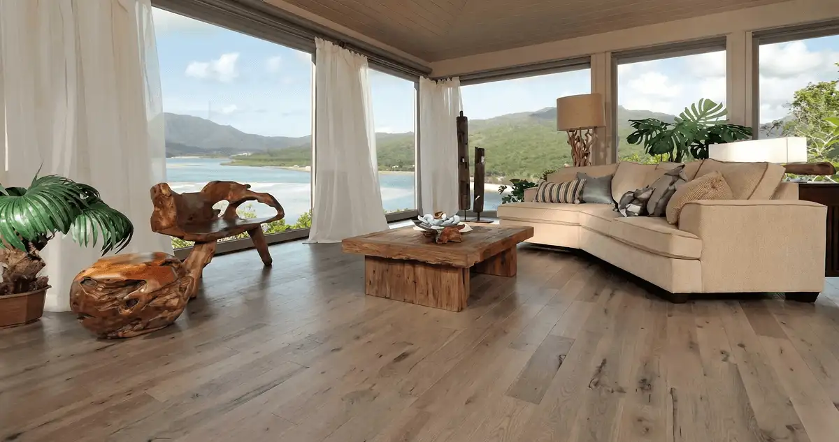 Professionally installed vinyl flooring in a modern living room with large windows in Tampa, FL